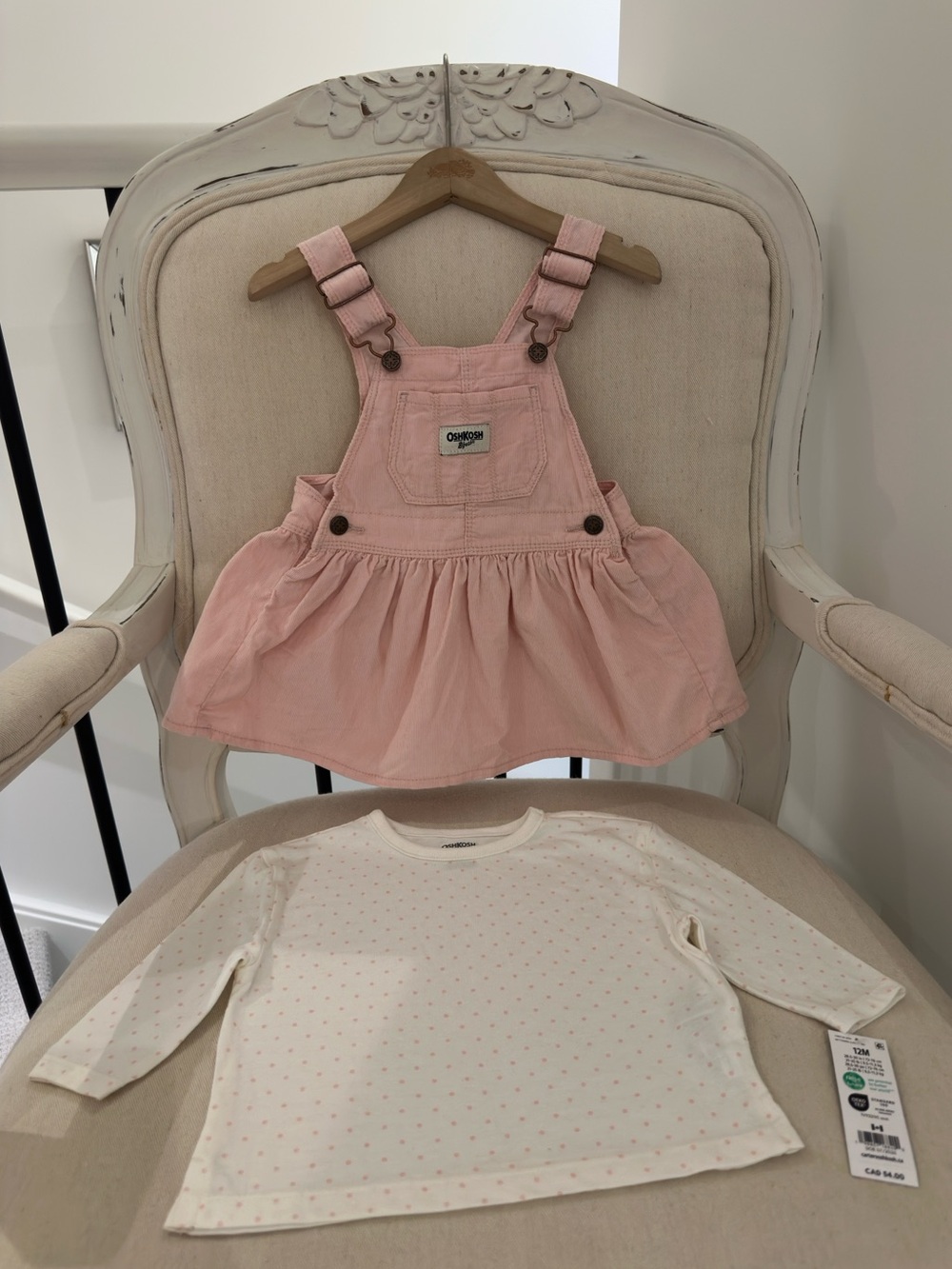 🩰 12 Mth B'gosh Pink Pinafore Overall Dress with Ivory~Pink Polka Dot Tee NWT